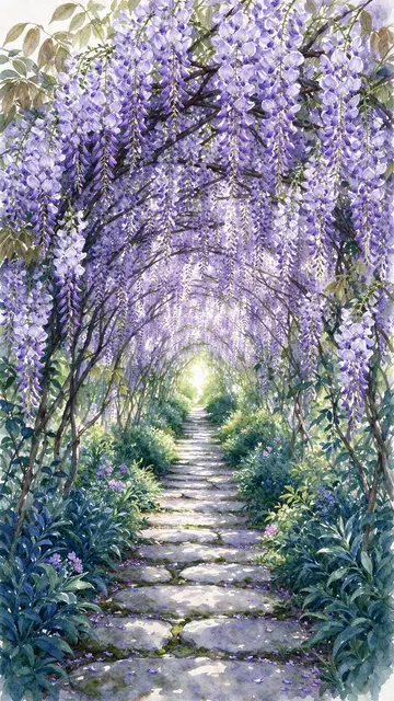 Watercolor painting of a stone garden path under a flowering wisteria archway leading toward soft sunlight