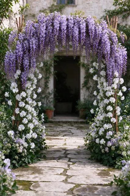Flower-covered wisteria wedding arch frames a stone courtyard path leading to a stone building entryway