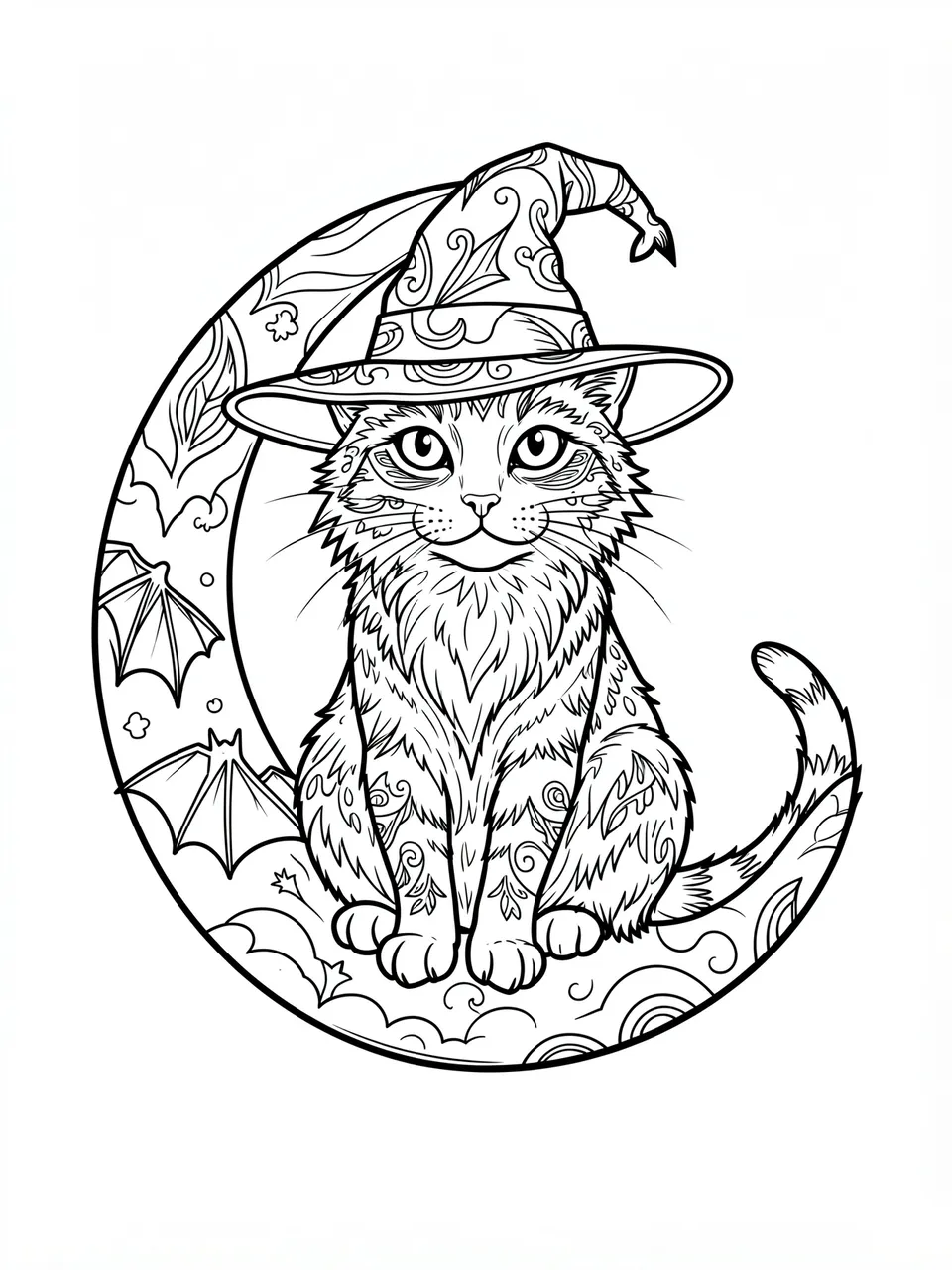 Intricate black and white line art of a cat in a witch hat sitting on a crescent moon with two bats