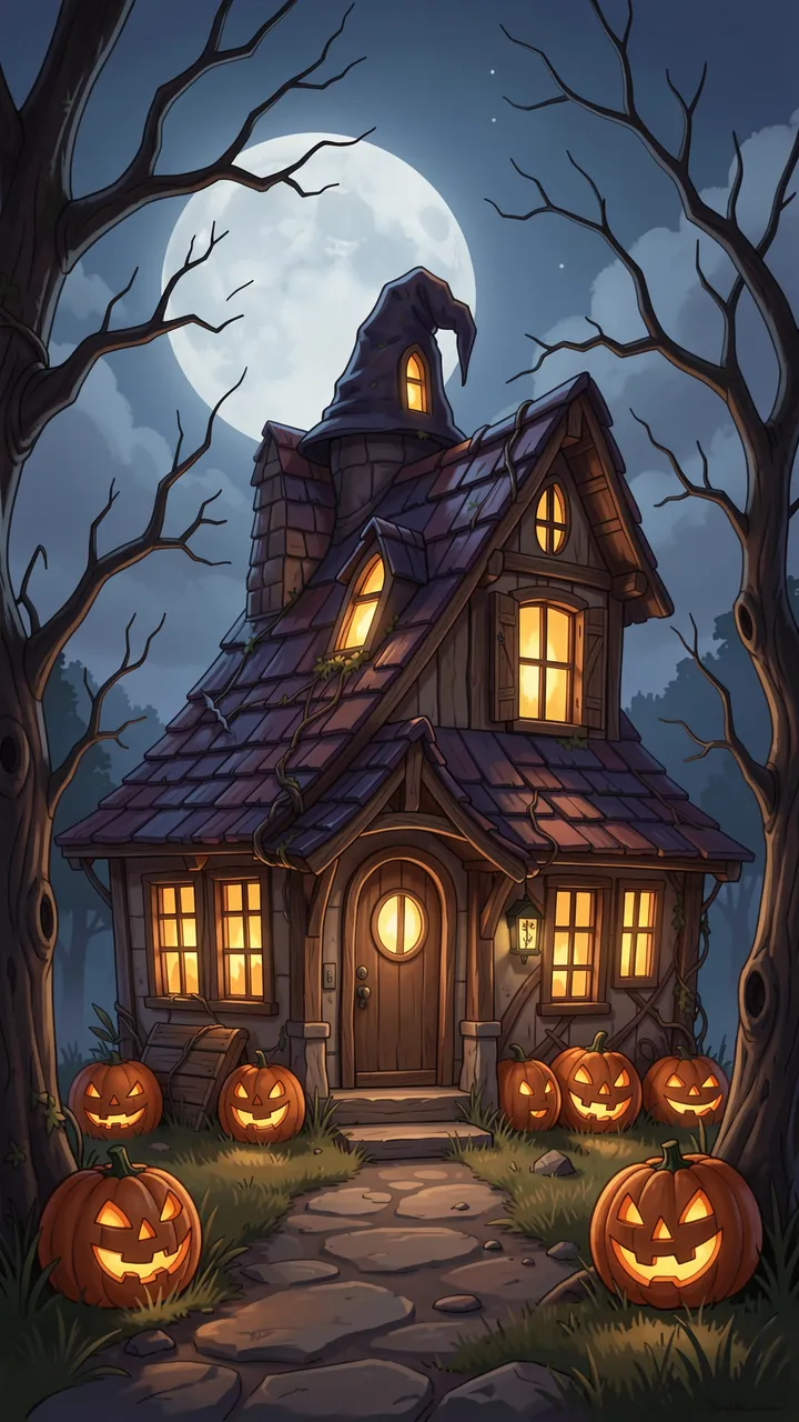 A spooky witch cottage with glowing windows and jack-o'-lanterns sits under a full moon between bare gnarled trees.