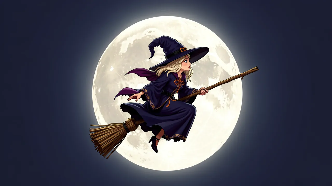 A witch in a dark purple hat and robe flies on a broomstick in front of a glowing full moon against a dark night sky