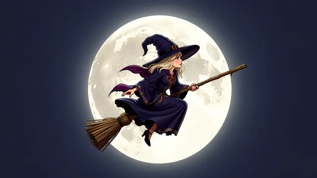 A witch in a dark purple hat and robe flies on a broomstick in front of a glowing full moon against a dark night sky