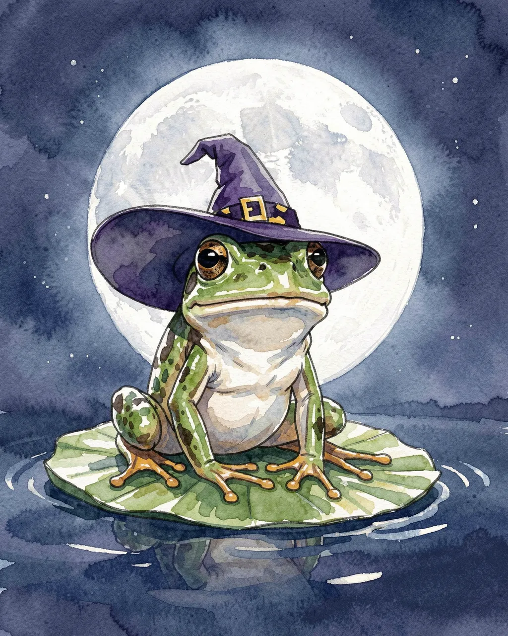 A green frog wearing a purple witch hat sits on a lily pad in front of a bright full moon over dark water