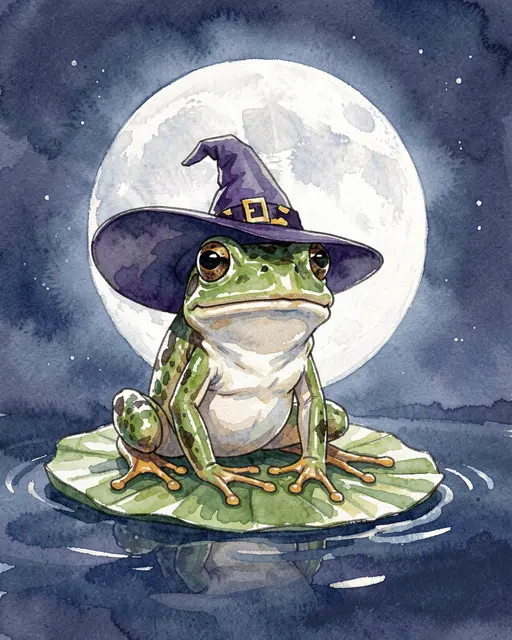 A green frog wearing a purple witch hat sits on a lily pad in front of a bright full moon over dark water