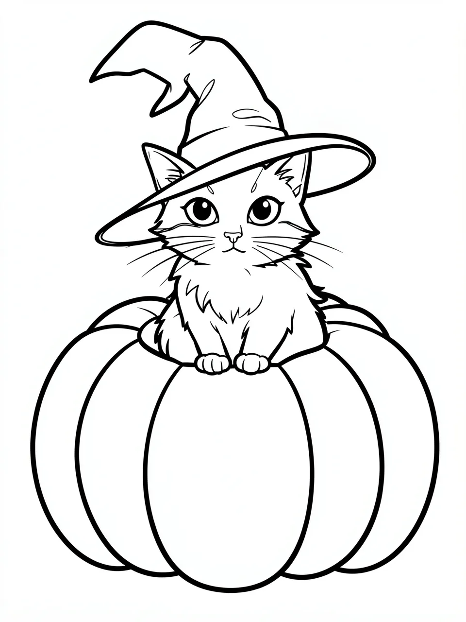 Black and white line art of a cute cat wearing a witch hat sitting inside a large pumpkin on a plain white background