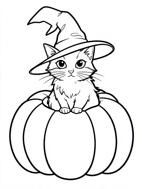 Black and white line art of a cute cat wearing a witch hat sitting inside a large pumpkin on a plain white background