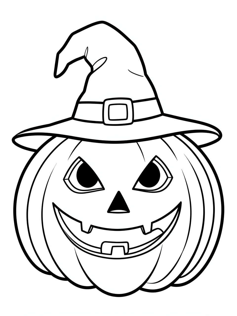 Bold black and white line drawing of a jack-o'-lantern wearing a witch hat on a plain white background