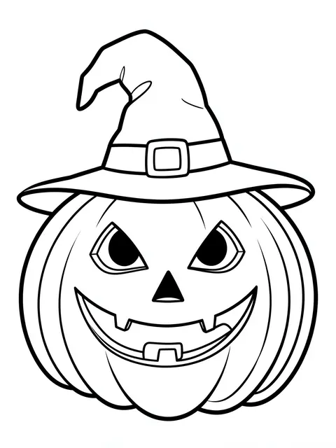 Bold black and white line drawing of a jack-o'-lantern wearing a witch hat on a plain white background