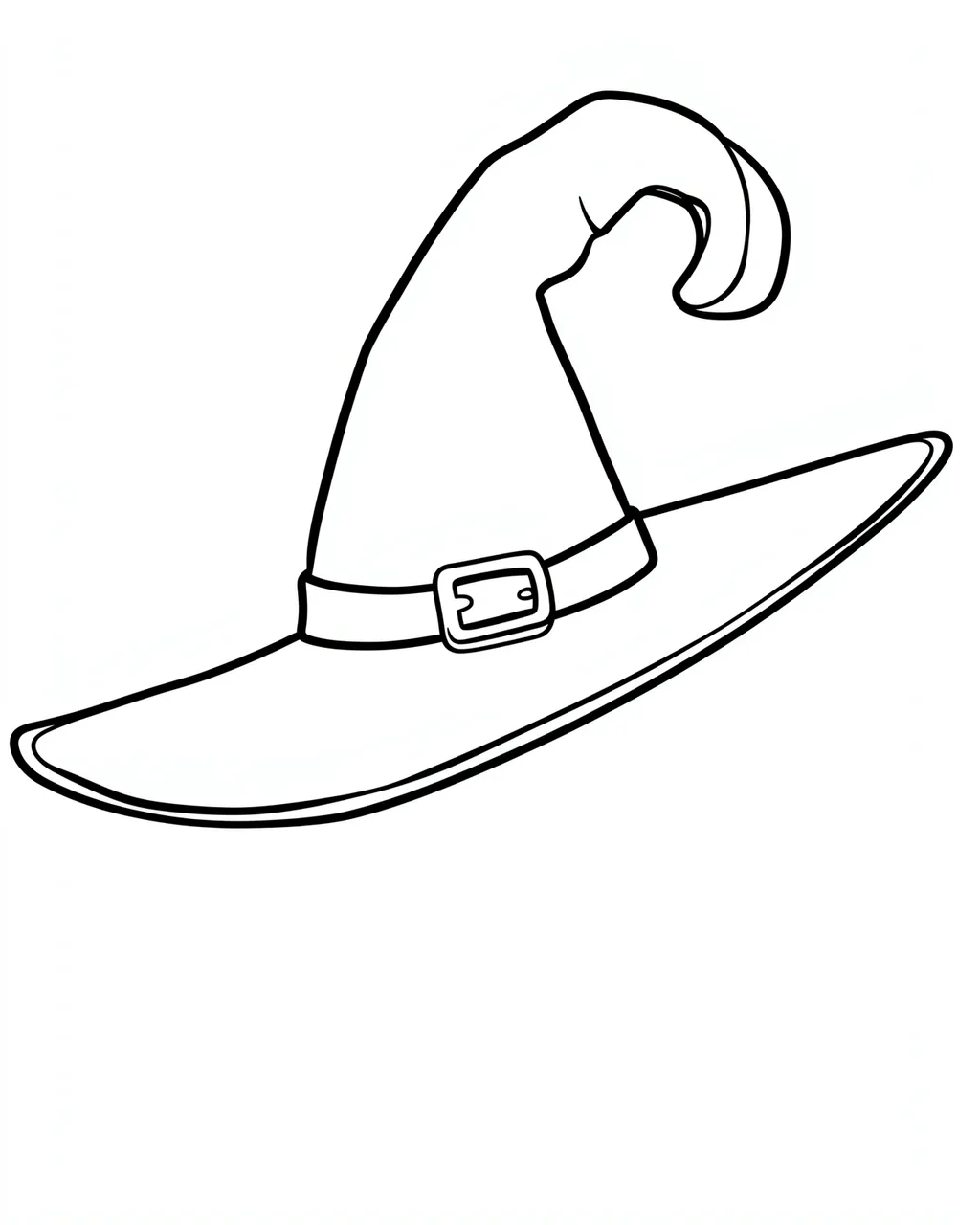 Black bold line drawing of a pointed curled-tip witch hat with a buckle on a plain white background