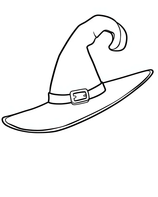 Black bold line drawing of a pointed curled-tip witch hat with a buckle on a plain white background
