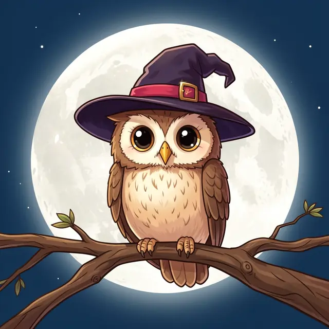 A cute cartoon owl wearing a witch hat perches on a branch in front of a glowing full moon under a starry night sky