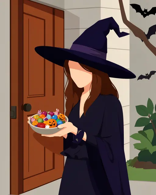 A faceless woman in a witch hat holds a bowl of Halloween candies at a front porch door
