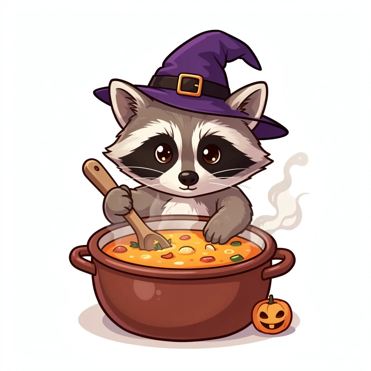 A cute cartoon raccoon in a purple witch hat stirs a pot of warm soup beside a small jack-o'-lantern.