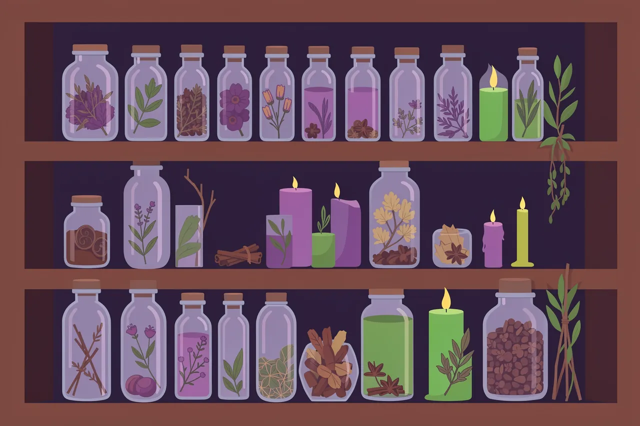 Flat vector illustration of a wooden shelf holding glass vials, dried herbs and lit purple and green candles.
