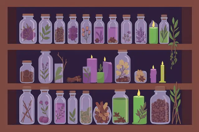 Flat vector illustration of a wooden shelf holding glass vials, dried herbs and lit purple and green candles.