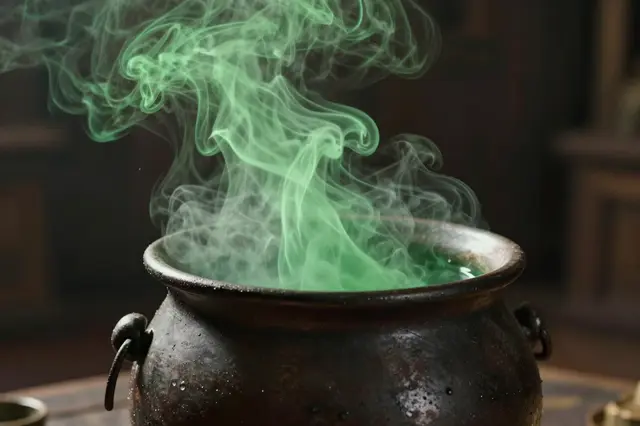 An old cast iron cauldron releases swirling wispy green smoke in a dim dark room