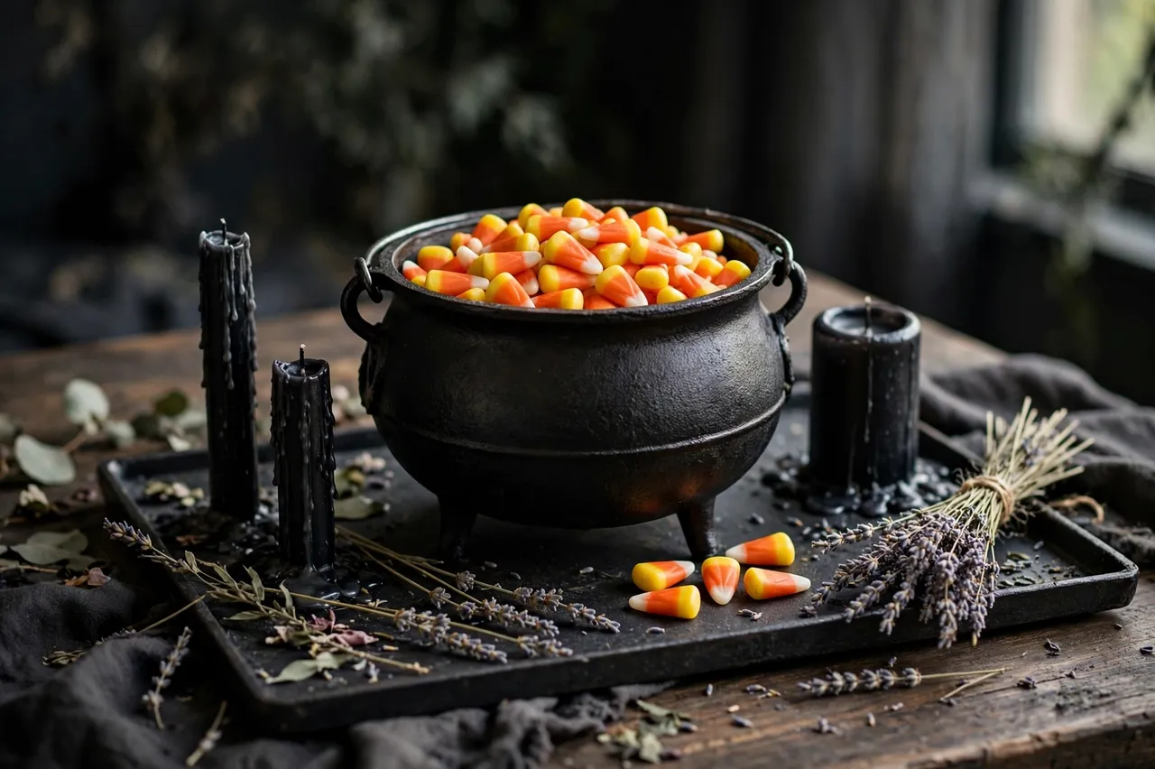 Black cast iron cauldron filled with candy corn sits on a dark tray with black candles and dried lavender on a wooden table