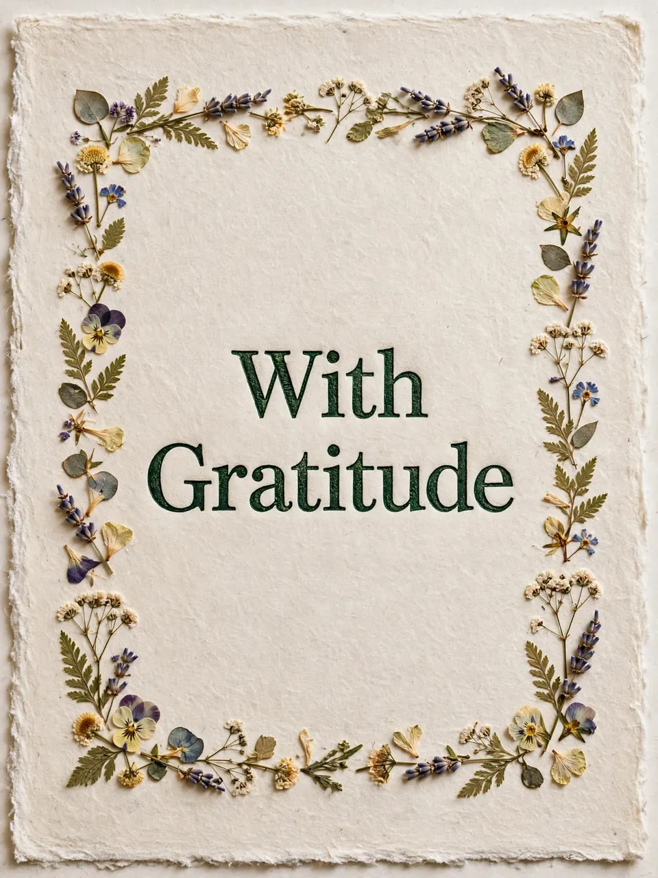 Letterpress 'With Gratitude' text in deep green ink framed by a pressed flower border on cream textured cotton paper
