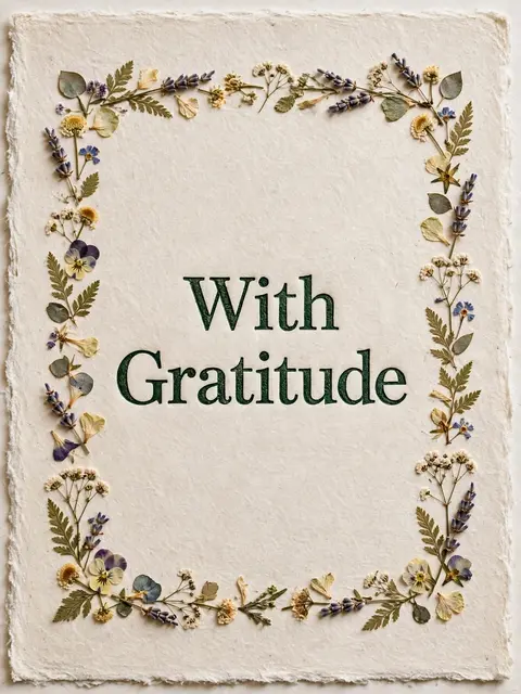 Letterpress 'With Gratitude' text in deep green ink framed by a pressed flower border on cream textured cotton paper