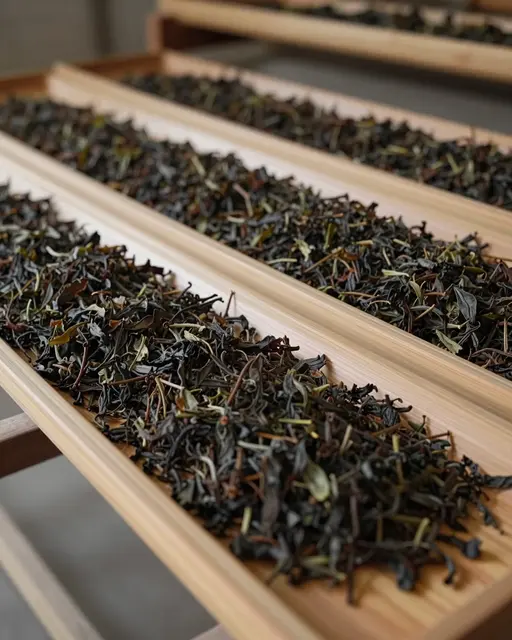 Tea leaves spread out to wither on long light wooden drying trays in soft light