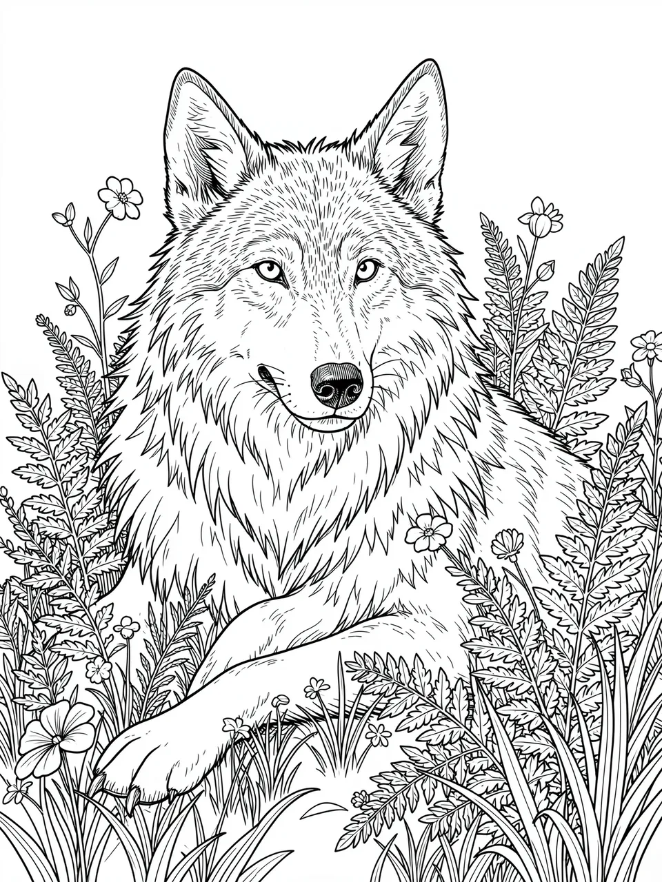 Black and white line art of a resting wolf surrounded by ferns and wildflowers on a white background