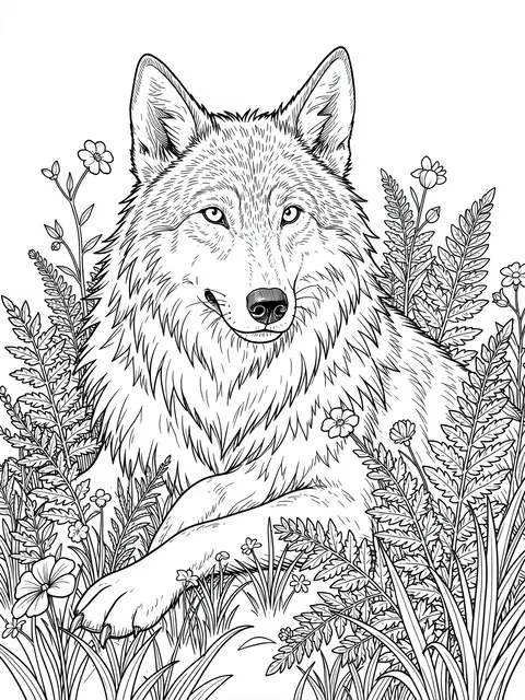 Black and white line art of a resting wolf surrounded by ferns and wildflowers on a white background