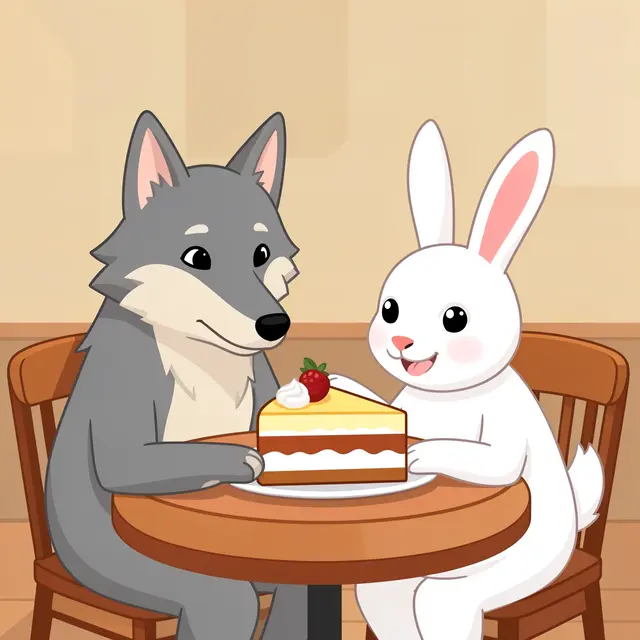 A cartoon gray wolf and white rabbit sit at a cafe table sharing a slice of strawberry cake.