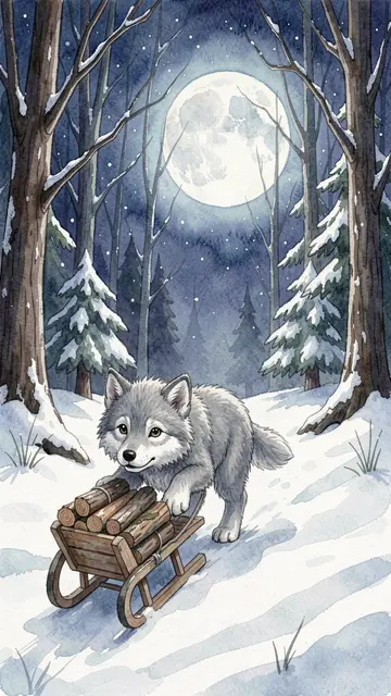 Cute gray wolf cub pulls a small wooden firewood sled through a moonlit snowy winter forest