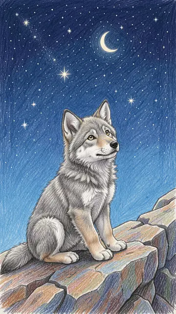 Colored pencil drawing of a gray wolf cub sitting on rocks looking up at a starry crescent moon sky