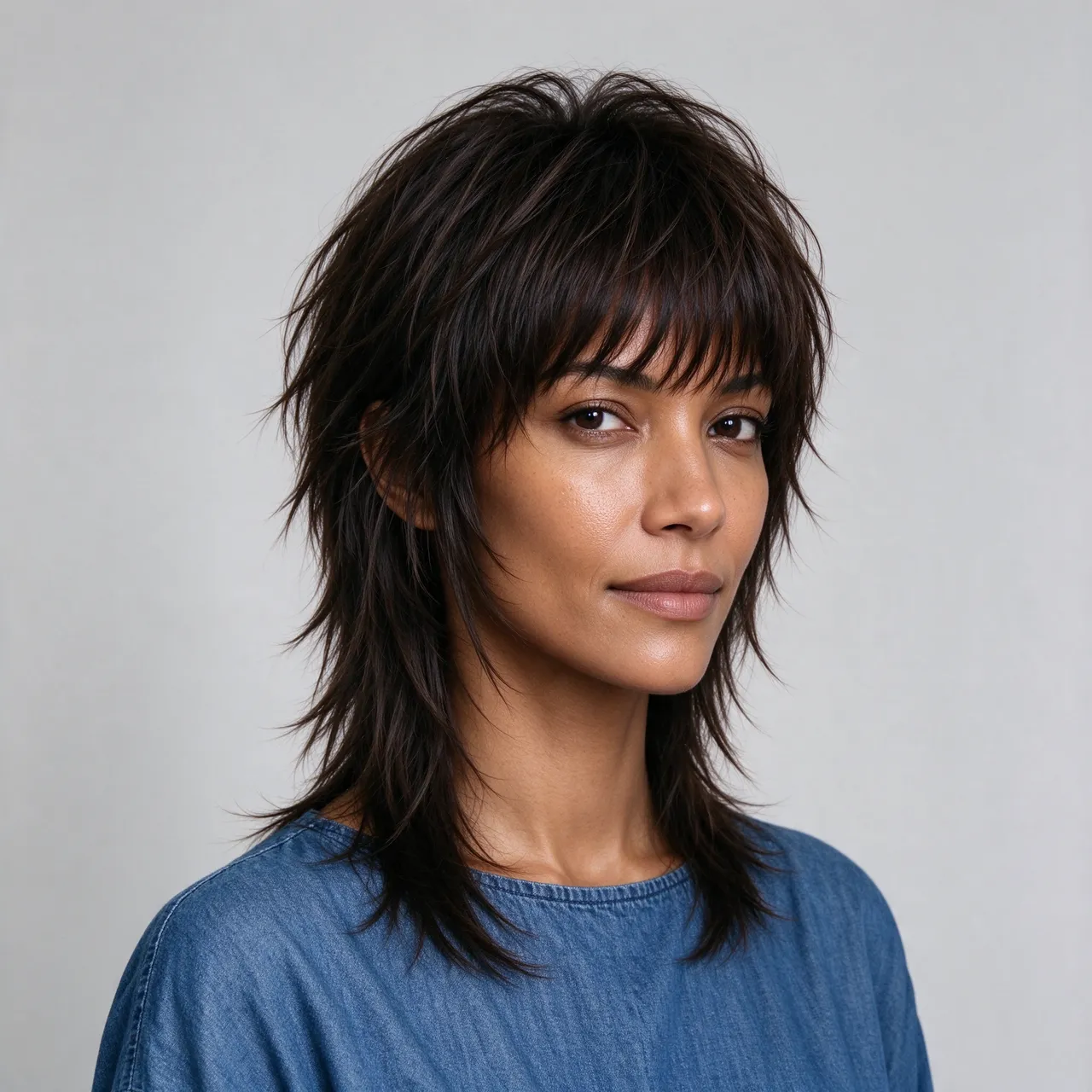 Studio portrait of a mixed-race woman in her thirties with a choppy wolf cut hairstyle and denim blue top
