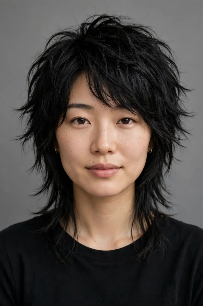 Close up studio portrait of an East Asian woman with a shaggy wolf cut hairstyle looking at the camera