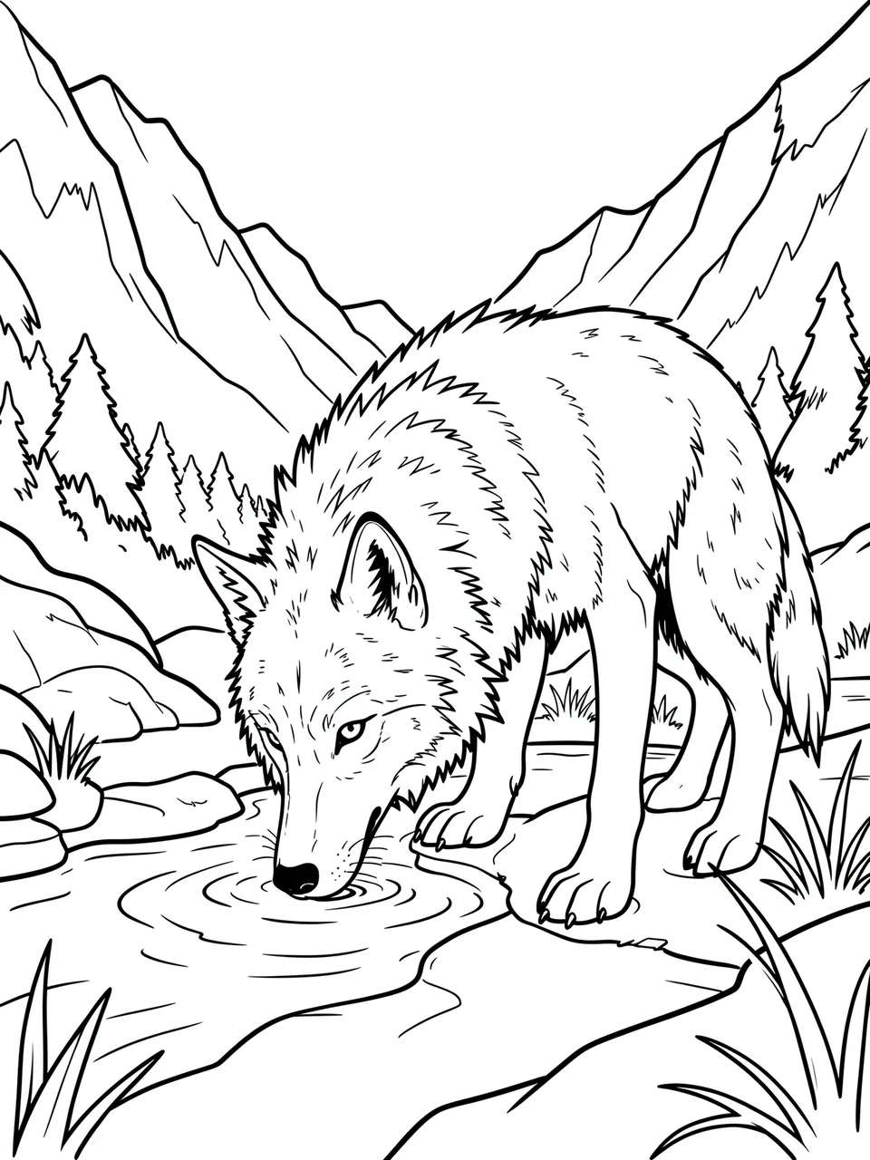 Black and white line art of a wolf leaning down to drink from a rocky mountain stream