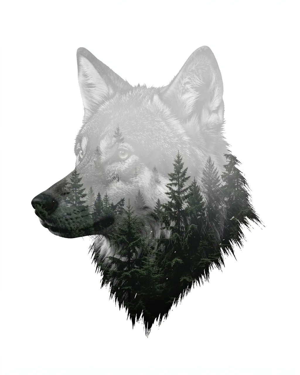 Double exposure artwork of a wolf head silhouette filled with misty pine trees on a plain white background