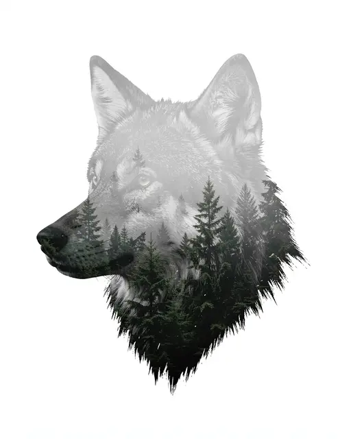 Double exposure artwork of a wolf head silhouette filled with misty pine trees on a plain white background