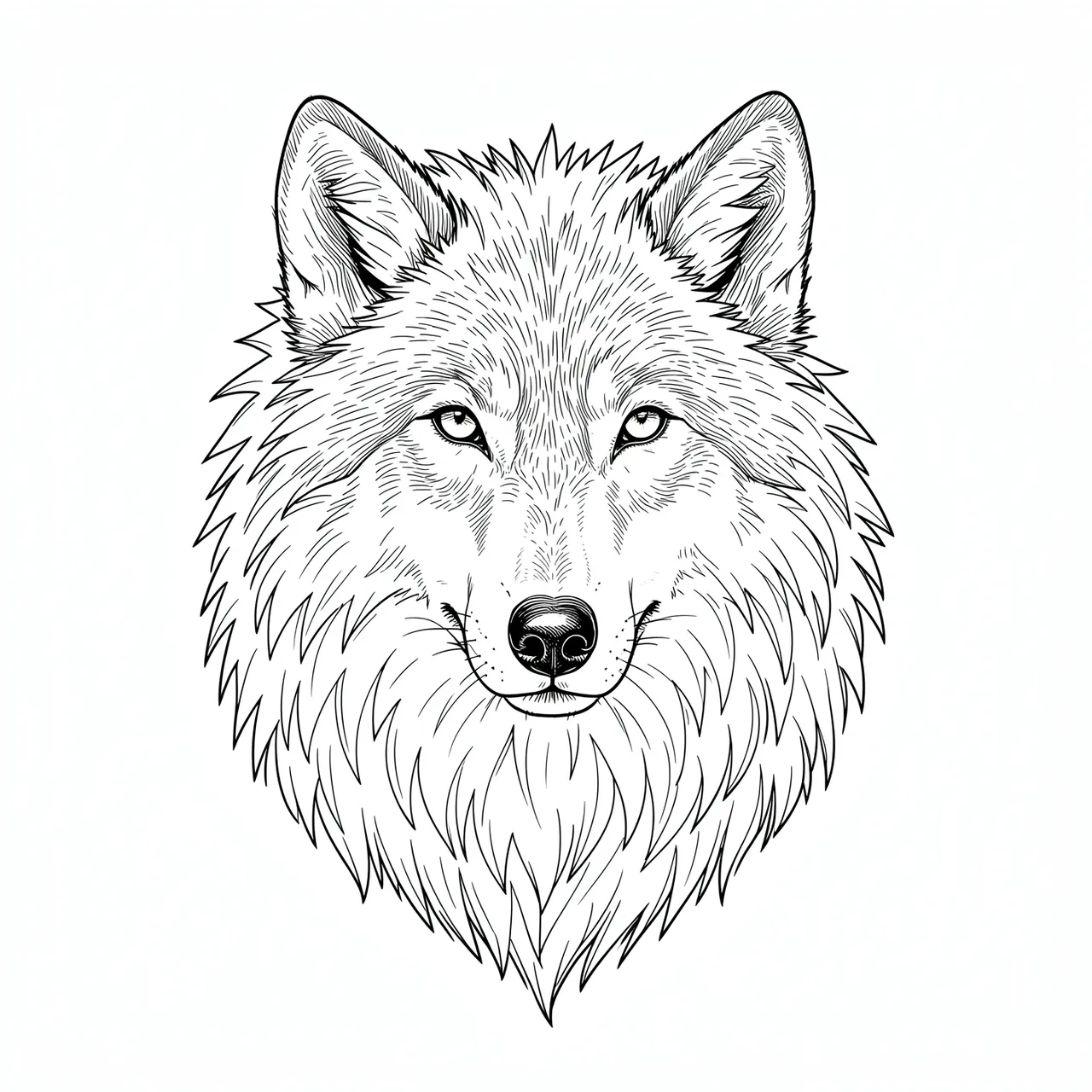 A detailed fine line art drawing of a wolf head with a thick fur mane on a plain white background