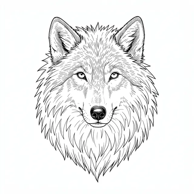 A detailed fine line art drawing of a wolf head with a thick fur mane on a plain white background