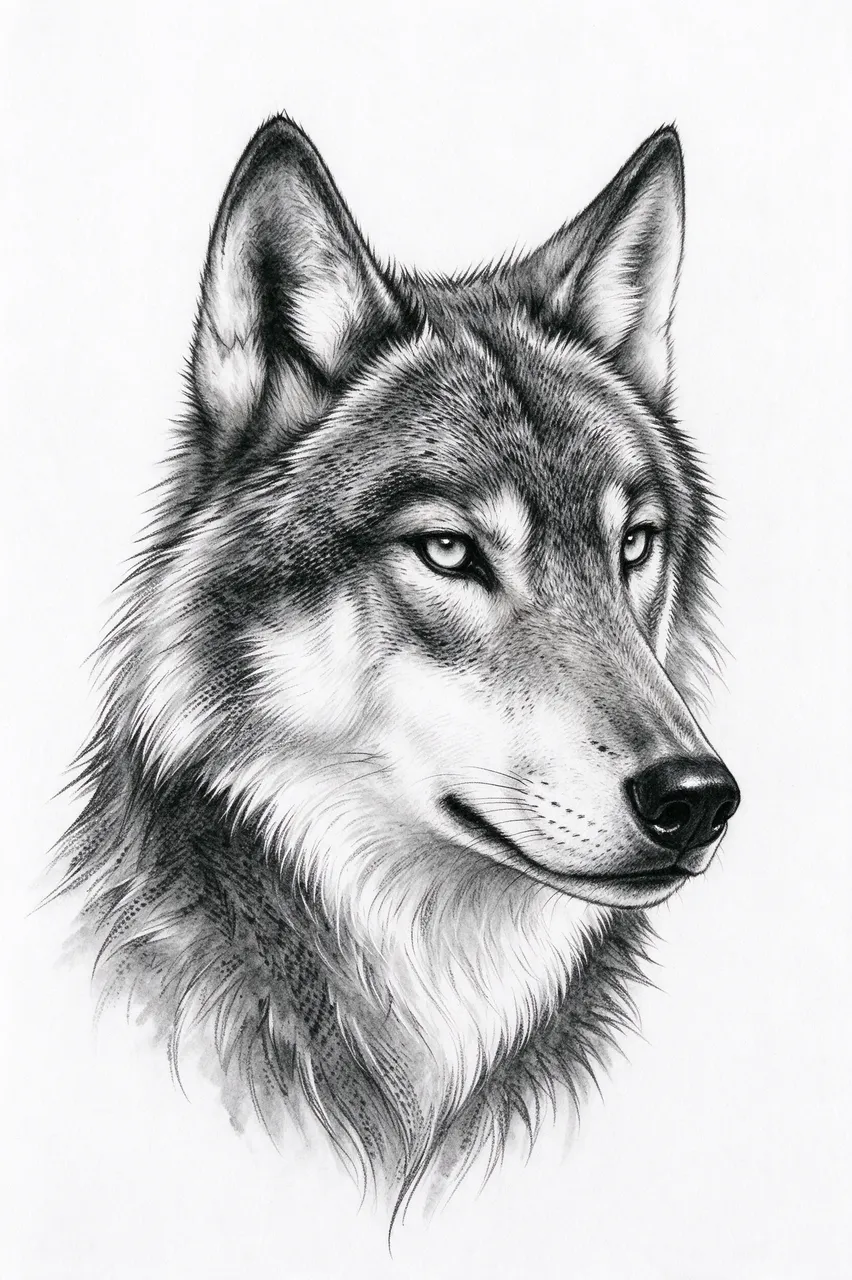 Detailed black and grey pencil sketch of a three-quarter wolf head with pale eyes on white paper