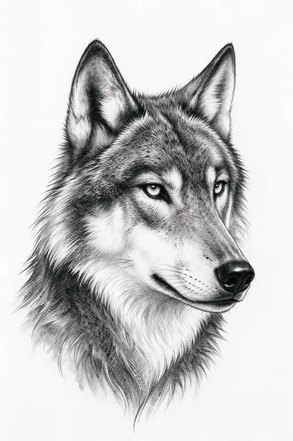 Detailed black and grey pencil sketch of a three-quarter wolf head with pale eyes on white paper