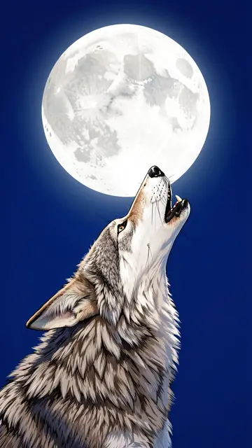 An illustrated gray wolf howls upward toward a bright full moon against a deep blue night sky