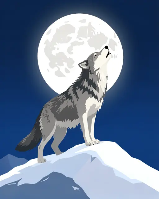 A gray wolf stands on a snowy ridge howling beneath a glowing full moon against a dark blue night sky