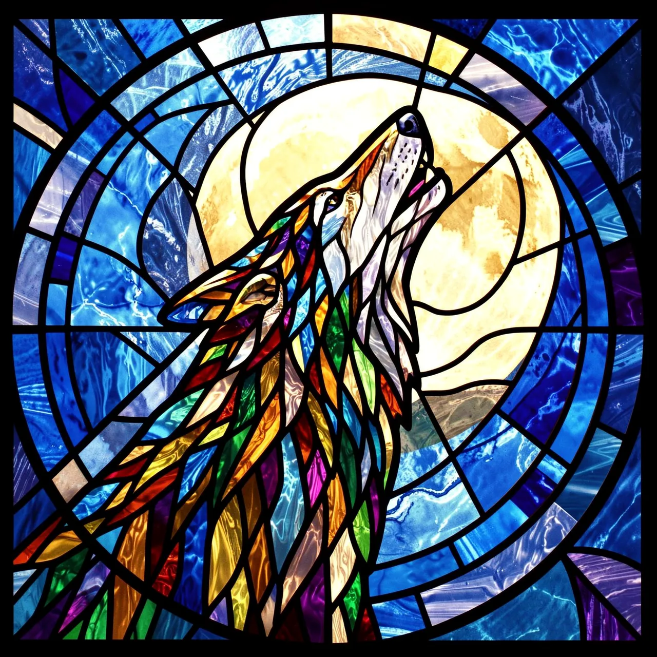 A stained glass illustration of a howling wolf set against a glowing full moon with blue night sky panels