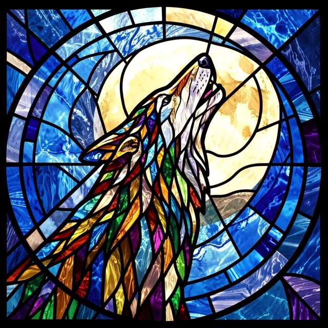 A stained glass illustration of a howling wolf set against a glowing full moon with blue night sky panels