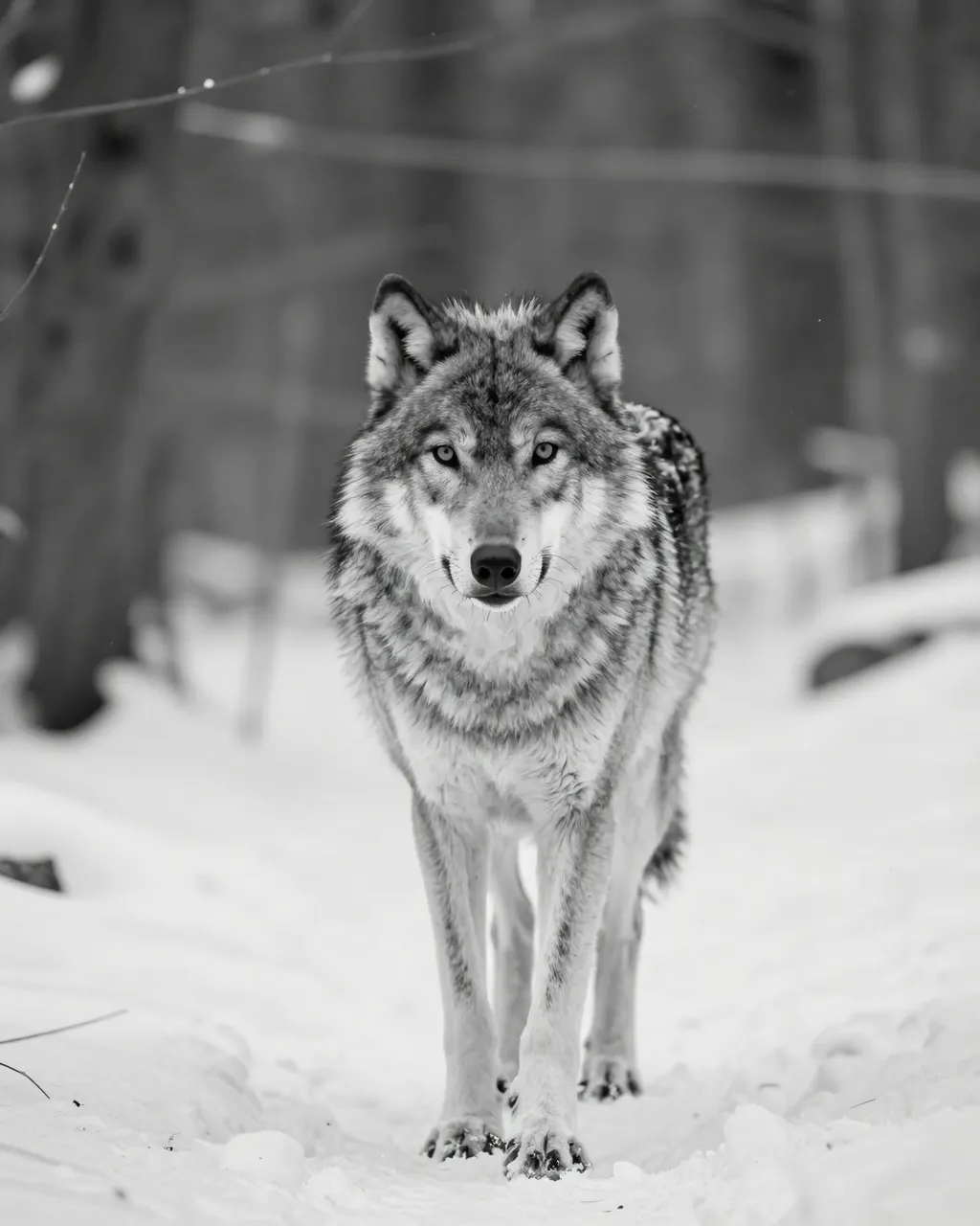 A black and white wolf stands trotting toward the camera in a snow covered forest