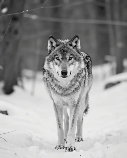 A black and white wolf stands trotting toward the camera in a snow covered forest