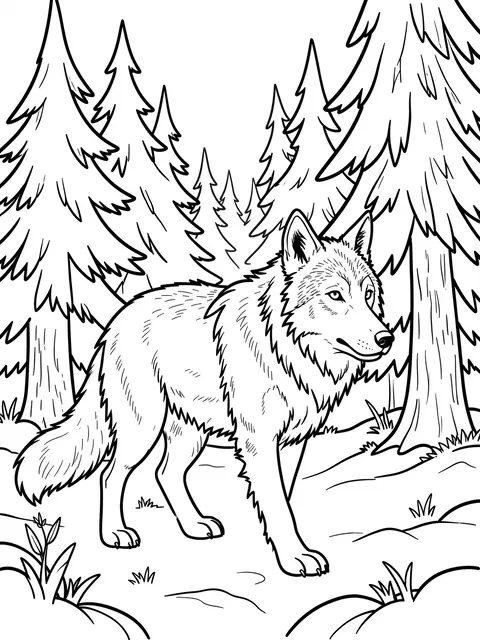 Bold black and white line art of a wolf standing among pine trees on a forest path