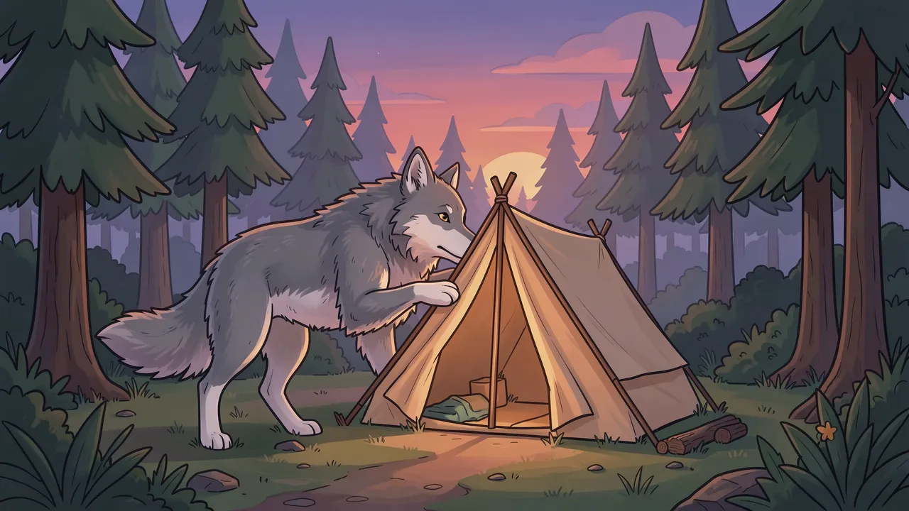 A cartoon gray wolf sets up a small canvas tent in a pine forest at sunset