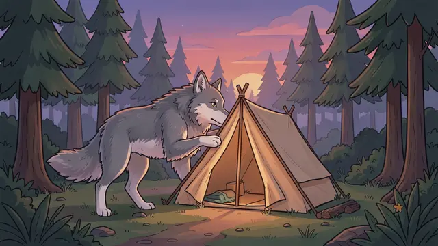 A cartoon gray wolf sets up a small canvas tent in a pine forest at sunset