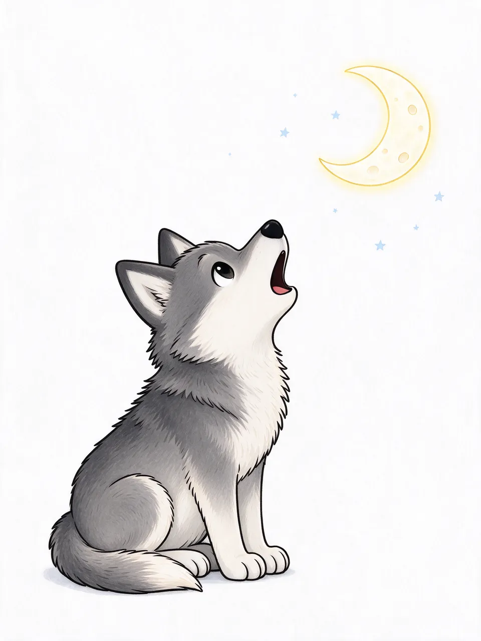 Cute cartoon gray wolf pup sits howling toward a glowing crescent moon on a plain white background