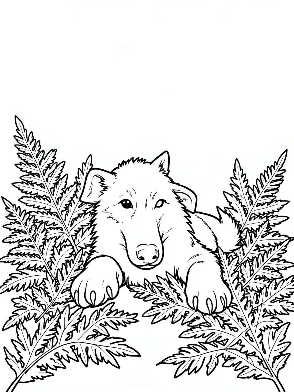 Black and white line art of a wolf pup with large paws lying among fern fronds on a white background