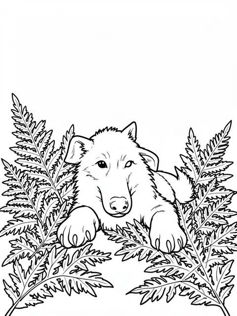 Black and white line art of a wolf pup with large paws lying among fern fronds on a white background